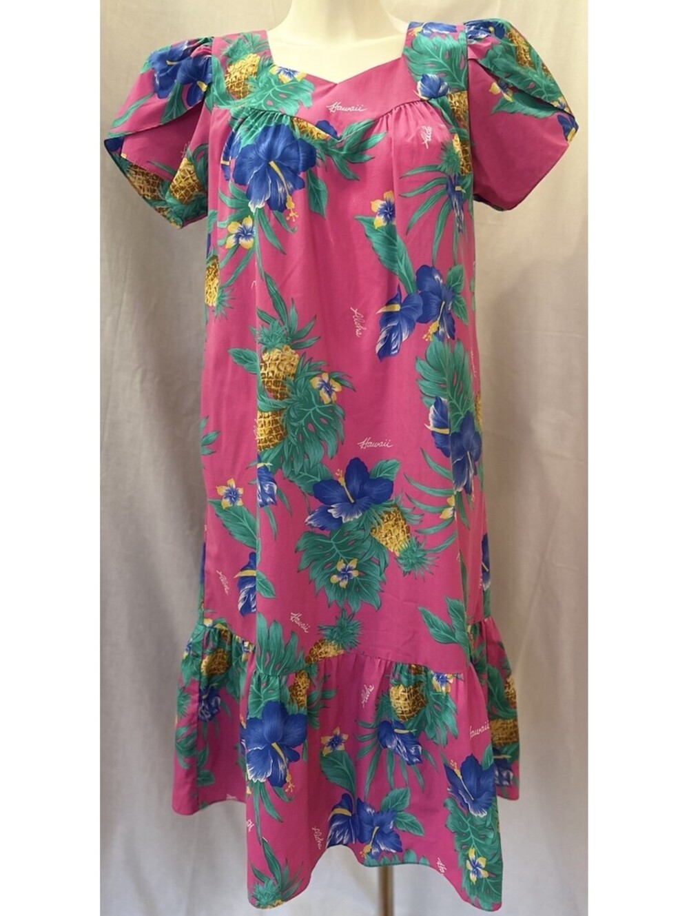 VTG 80s Ky’s USA Pink Hawaiian Aloha Tropical Floral Beach Ruffle Muu Muu SZ M/L